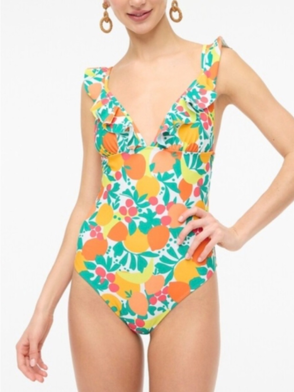 J.Crew Tropical Print Ruffle One-Piece Swimsuit Colorful Fruit Pattern